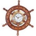  Schiffsuhr 84mm in Steuerrad 305mm / Bullauge Schiffsuhren aus Messing. Die Uhren sind in einem Steuerrad aus Holz eingefa�t. Glasdeckel als Bullauge.<BR>Typ Bullauge, �a 305mm, Uhren-� 84mm.